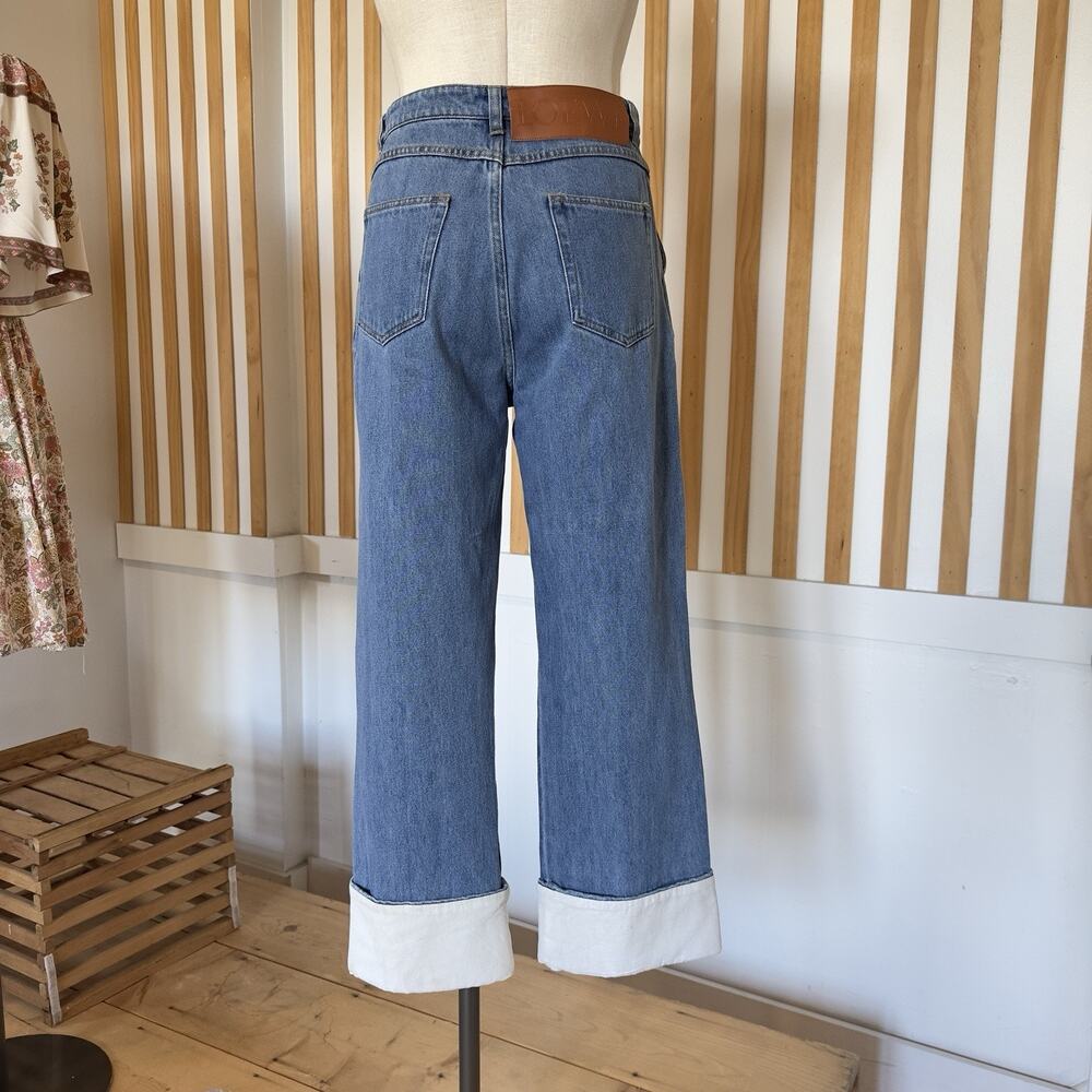 Loewe Blue Denim Wide Leg Cropped Jeans High Rise Cuffed Hem Size 38